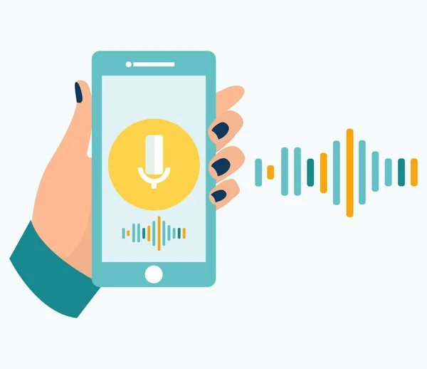 Röstigenkänning. Vektorillustration i platta tecknad stil. Mänsklig hand håller smartphone med mikrofonknappen på skärmen och röst och ljud imitation linjer. — Stock vektor