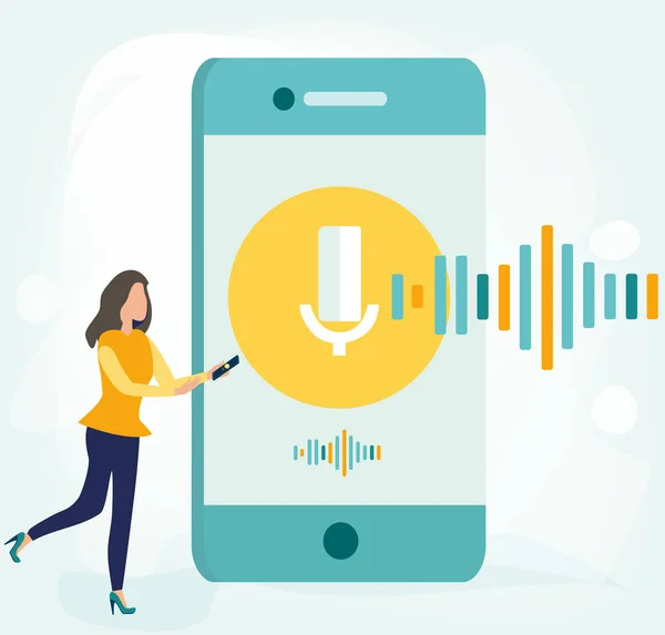 Röstigenkänning. Vektorillustration i platta tecknad stil. Kvinna nära stora smartphone med mikrofonknappen på skärmen och röst och ljud imitation linjer. — Stock vektor