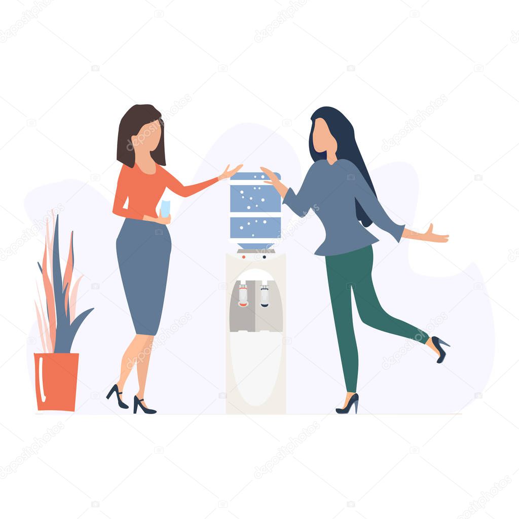 Office cooler chat. Two woman talking to each other near office water cooler. Business concept in flat cartoon style.