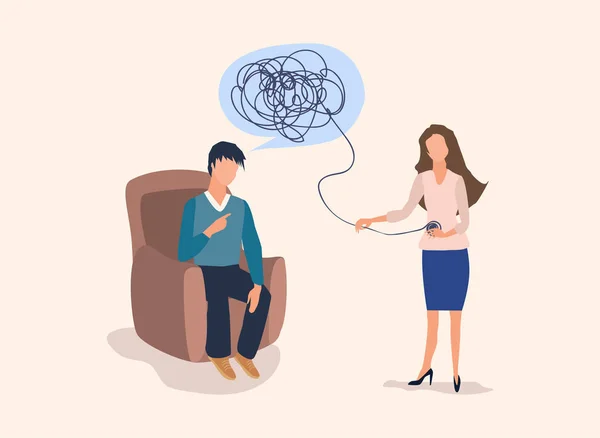 Psychotherapy concept with woman doctor and man patient in depression. Tangled and untangled brain metaphor, society psychiatry. — Stock Vector