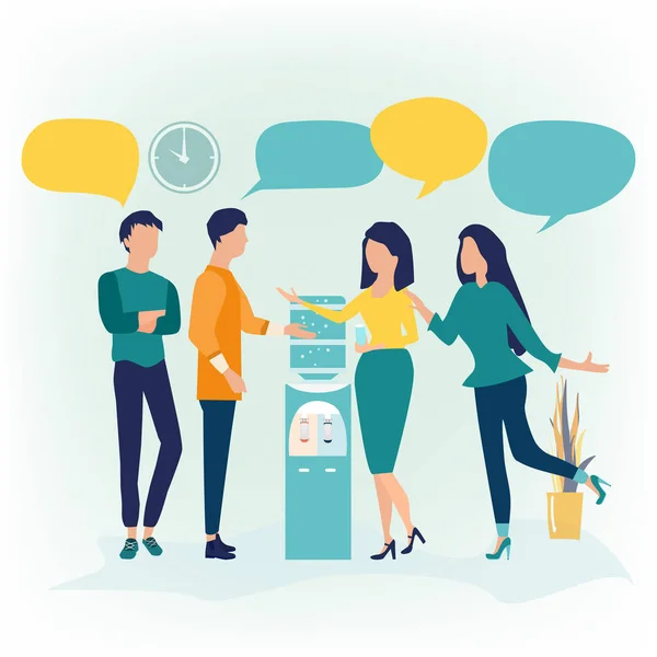 Vector illustration in flat cartoon style. Group of people standing near water cooler or dispenser drink water and discuss social network, news, chat, dialogue speech bubbles. Can use for landing page — Stockvector