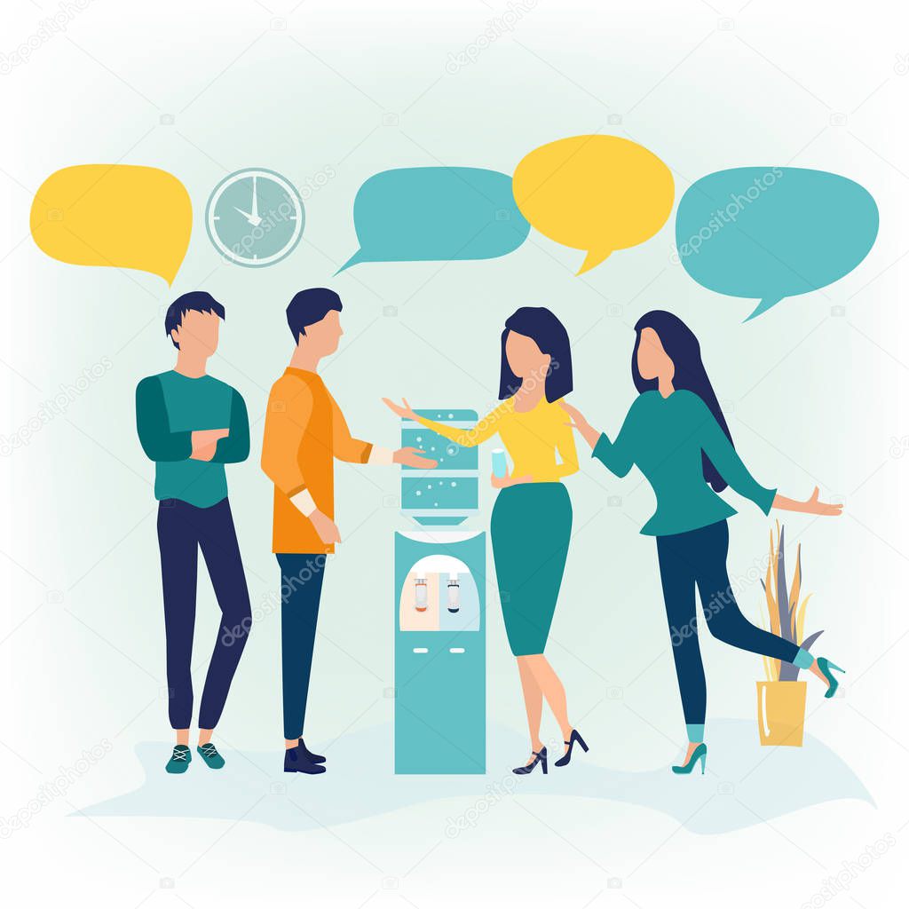 Vector illustration in flat cartoon style. Group of people standing near water cooler or dispenser drink water and discuss social network, news, chat, dialogue speech bubbles. Can use for landing page