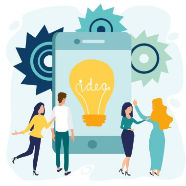 Office insanlar büyük smartphone veya dijital tablet ekran stand. Ampul fikir kavramı ile. İş kavramı. Vektör çizim düz çizgi film tarzı.