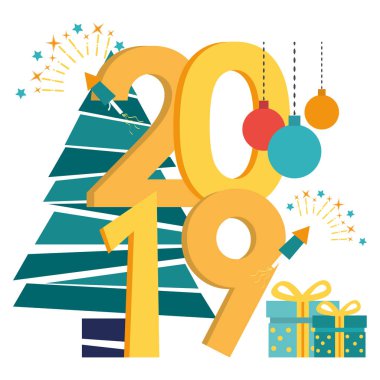 Yeni yıl, dekorasyon, yeni yıl 2019 yazıt nişanlı için hazırlık vektör Illustration düz çizgi film tarzı. Noel top, yılbaşı ağacı, hediye kutuları, havai fişek.