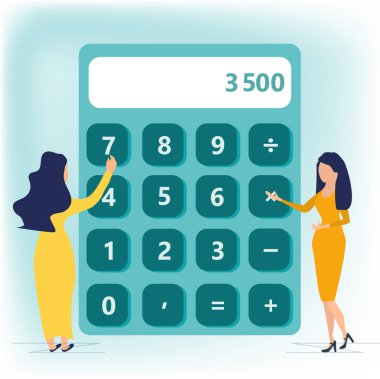 Hesap makinesi. Finansal hesaplamalar, muhasebeci. Muhasebe, muhasebe, borç ve alacak hesapları denetleme. Uzun elbise ayakta yakınındaki büyük hesap makinesi iş kadını. Düz stil iş kavramı.