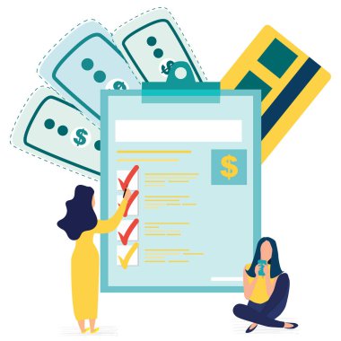 Kadın gönder vergi, online vergi ödeme ve rapor. Yıl sonu vergi ayarlama. Finansal hizmetler, kaydetmeden veya para biriktirme çalışmalarında, nişanlı. Bir pano kağıt üzerinde işaretli denetim listesi. Vektör çizim.