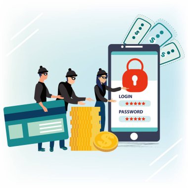 Suçlular, hırsız veya siyah şapka, maskeler ve kişisel bilgi ve smartphone para çalmak giyim kraker. Hacker kavramı Internet faaliyet veya güvenlik kesmek saldırmak. Kimlik avı dolandırıcılığı.