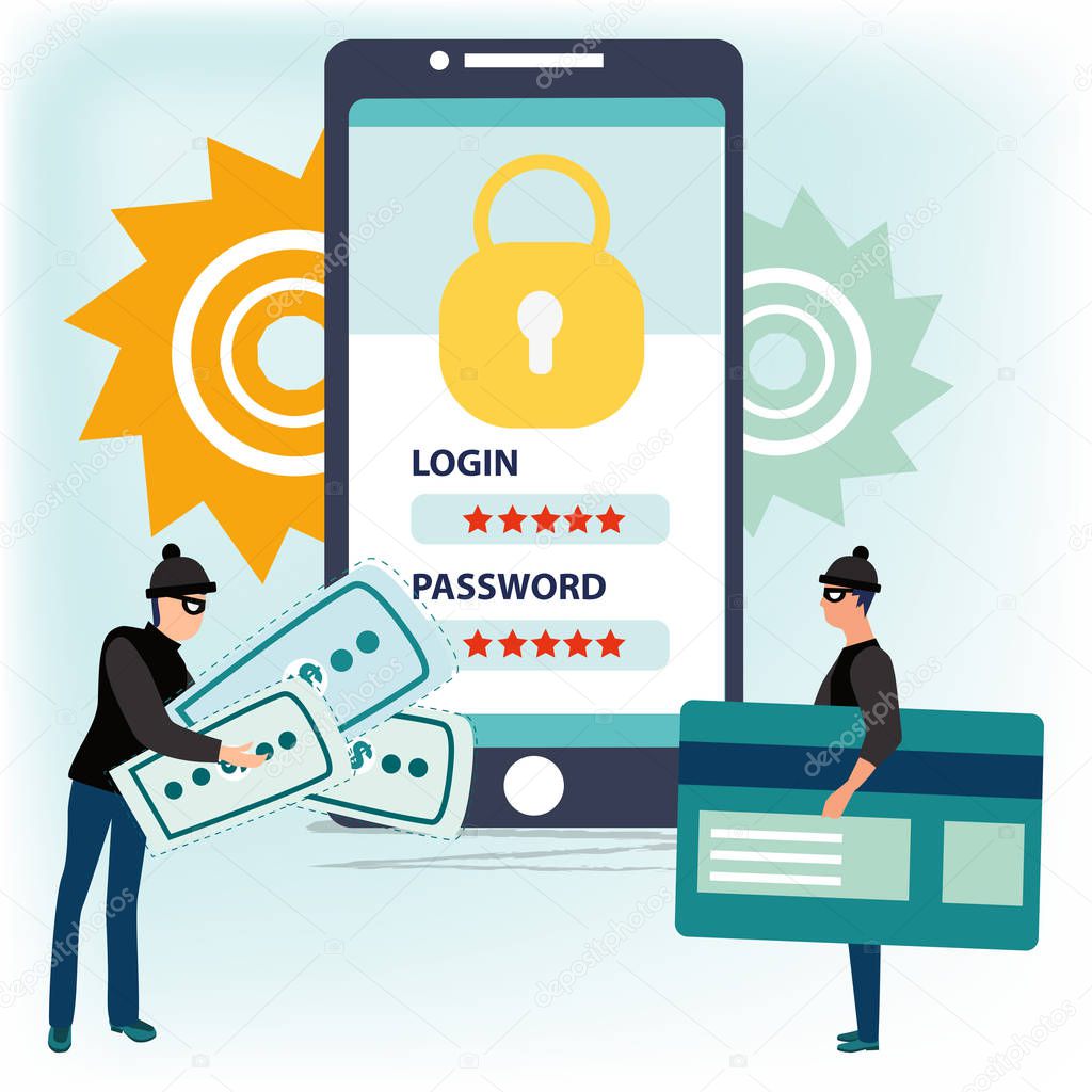 Criminals, burglars or crackers in black hats, masks and clothes stealing personal information and money from smartphone. Concept of hacker attack internet activity or security hacking. Phishing scam.