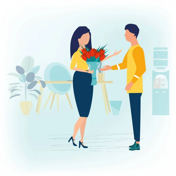 Älskar och fira koncept. Man ger en kvinna en bukett blommor i office. Romantisk älskare dejta. Vektorillustration i dflat tecknad stil. — Stock vektor