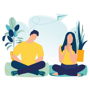 Ofis çalışanları ile bacak bacak ve meditasyon. İş meditasyon ve ekip etkinlik oluşturma. Meditasyon, sağlık yararları için beden, zihin ve duygular kavramı. Düz çizgi film vektör çizim.