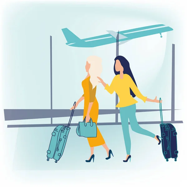 Viagens aéreas para países quentes. Duas amigas felizes mulheres de vestido com bagagem no aeroporto estão indo de férias. Conceito de viagem de negócios. Viagem. Ilustração vetorial em estilo cartoon plano . — Vetor de Stock