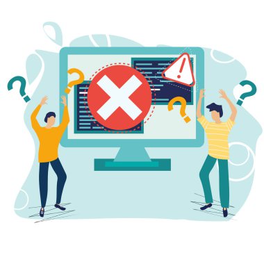 İş konsepti. 404 hata oluştu. Web sayfası, afiş, sunum, sosyal medya için hata uyarısı. Sayfa bulunamadı. Internet bağlantısını kesme. Küçük öfkeli insanlar. Düz karikatür vektör illüstrasyon.