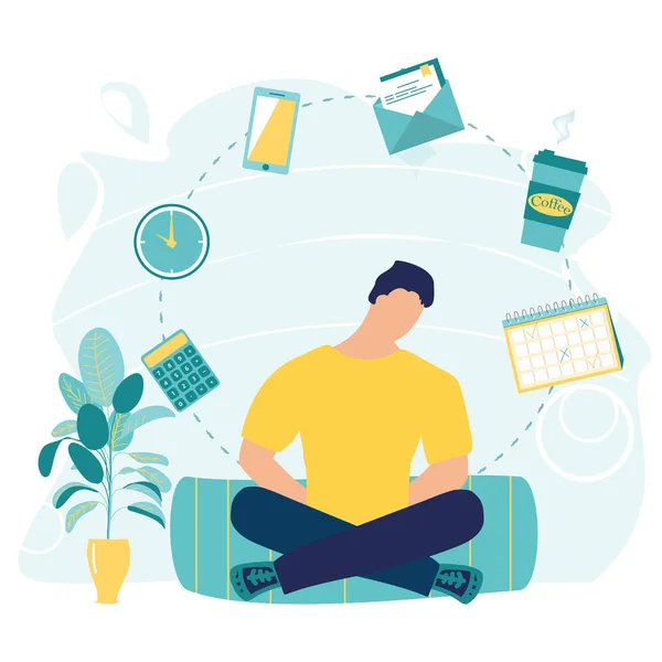 Uomo d'affari che fa yoga, si calmi in ufficio. Relax, meditazione, buon concetto di gestione del tempo. Concetto di yoga aziendale. Icone di processo dell'ufficio sullo sfondo. Meditazione zen posa. Illustrazione piatta vettoriale . — Vettoriale Stock