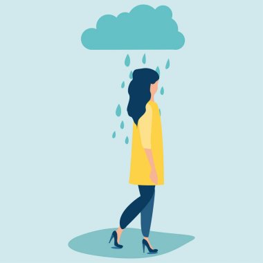 Yağmur altında duran parlak sarı ceket ve moda yüksek topuk ayakkabı sad kadın veya kız. Hava Overcast. Düz karikatür tarzında vektör Illustration.