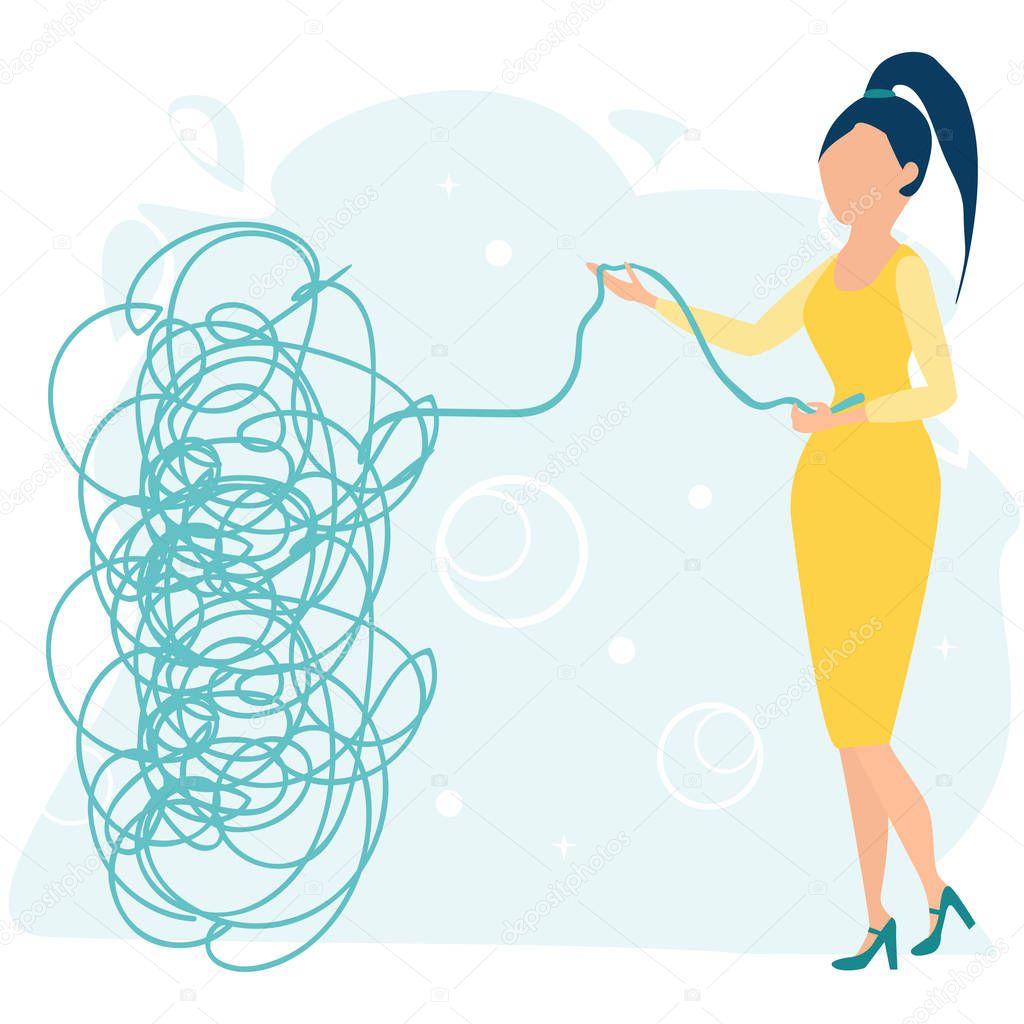 Businesswoman or young female character tries to pull the tangled rope. Business concept. Tangle tangled and unraveled. Abstract metaphor, business problem solving. Flat cartoon vector illustration.