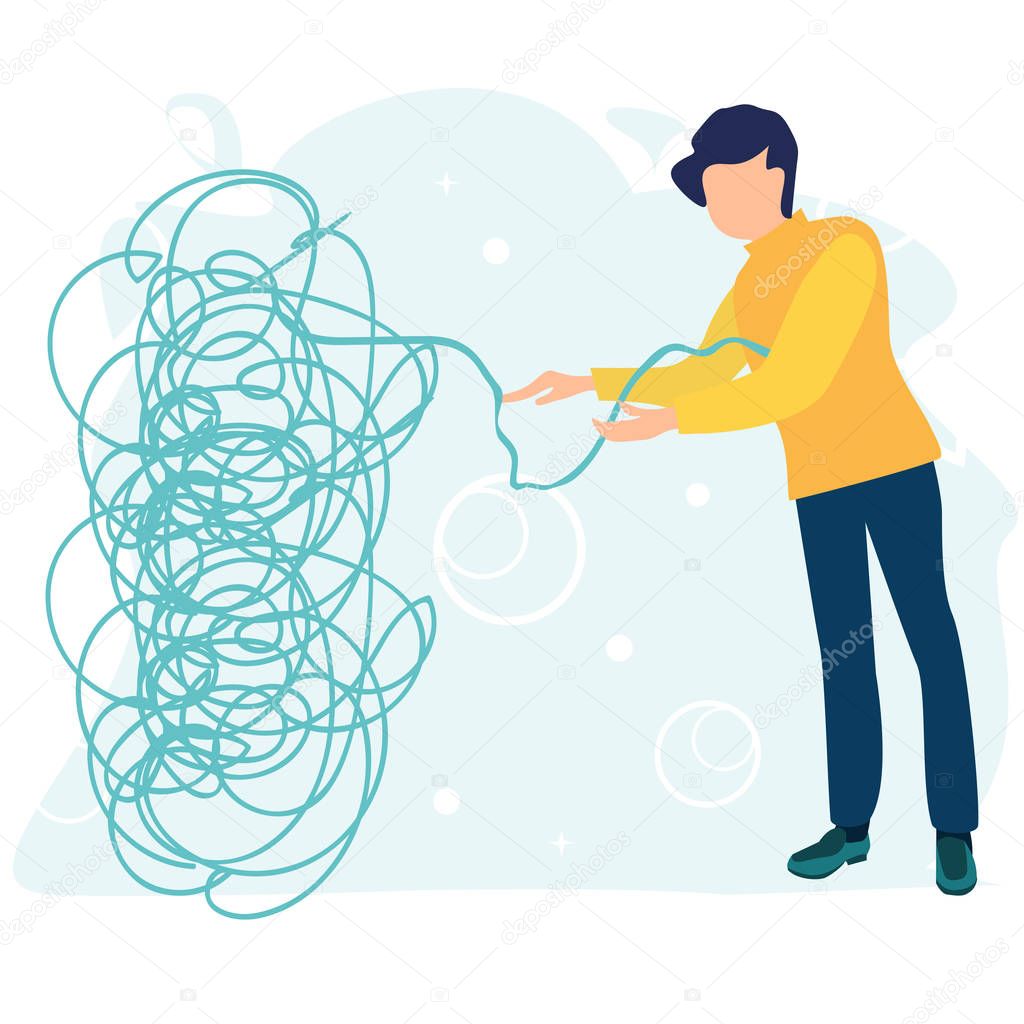 Businessman or young man tries to pull the tangled rope. Business concept. Tangle tangled and unraveled. Abstract metaphor, business problem solving concept. Flat cartoon vector illustration.
