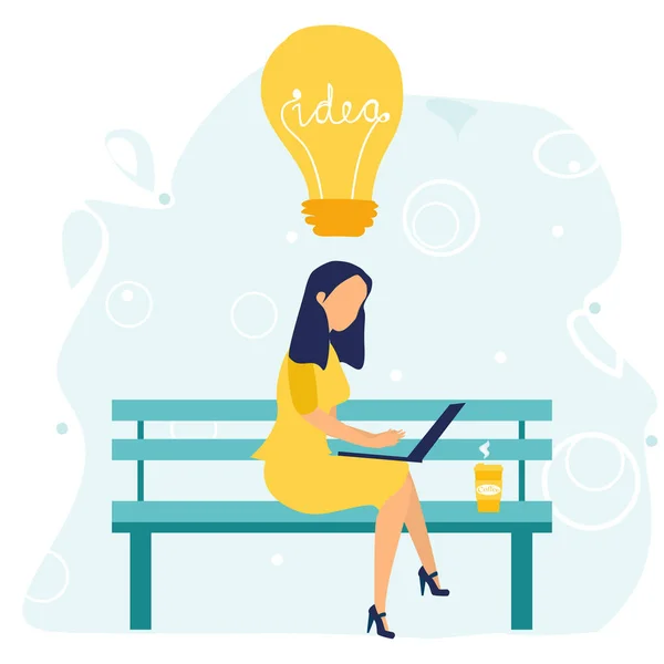 Affärskvinna med laptop och kopp kaffe sitter på bänken och ansluter hjärnan till idéer. Analys. Glödlampa. Brainstorming. Affärsidé. Vektor illustration i en platt tecknad stil. — Stock vektor