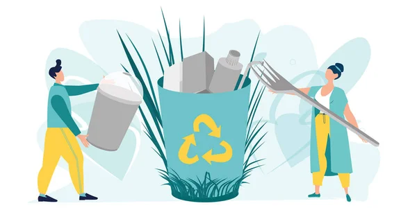 Eco illustration för webben. Medarbetaren är engagerad i bearbetningen av sopor. Miljöskydd. Människor sorterar avfallet. Miljövänliga karaktärer. Rädda planeten. Vektor, Flat Style. — Stock vektor