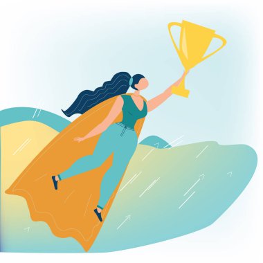 Gol başarısı. Bir süper kahraman Cape bir altın fincan ile uçan Businesswoman. Liderlik, motivasyon, hırs kavramı. Superwoman. İlk yer, bir numara. Vektör, düz stil.