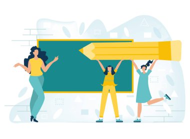 Öğrencilerle iş başındaki kadın öğretmen, okul dersi. Büyük Kalem ve tahta. Öğrenciler eğitim alıyor. Okula geri dön. Düz çizgi film tarzında vektör illüstrasyon.