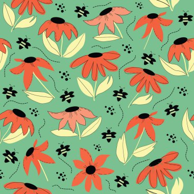 Parlak kırmızı çiçekler ve arılar seamless modeli ile yeşil arka planı