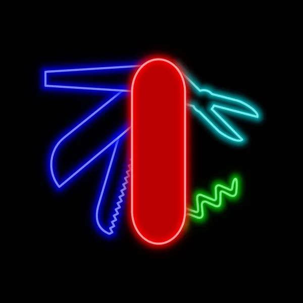 Nóż Wielofunkcyjny Glowicami Neon Znak Jasne Rozjarzony Symbol Czarnym Tle — Wektor stockowy
