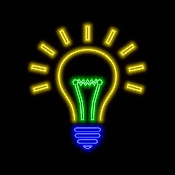 Lightbulb Neonskylt Ljusa Glödande Symbol Svart Bakgrund Neon Stilikon — Stock vektor