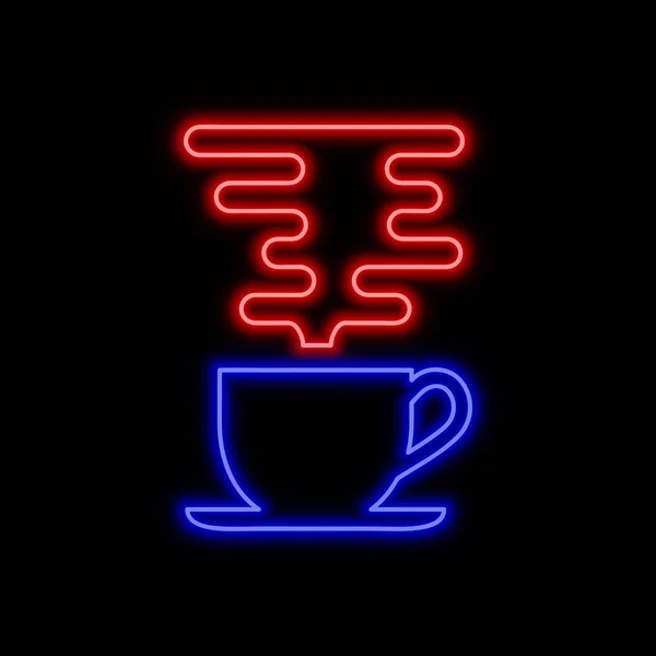 Coffee cup with steam neon sign. Bright glowing symbol on a black background. Neon style icon.