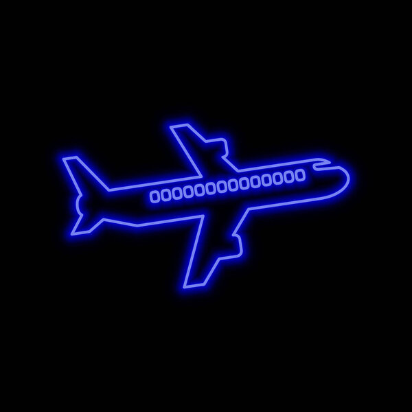 Flying passenger airplane, airliner neon sign. Bright glowing symbol on a black background. Neon style icon. 