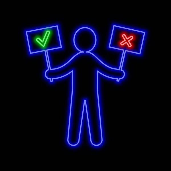 Man Figure Approve Reject Signs Choice Concept Neon Sign Bright — Stock Vector