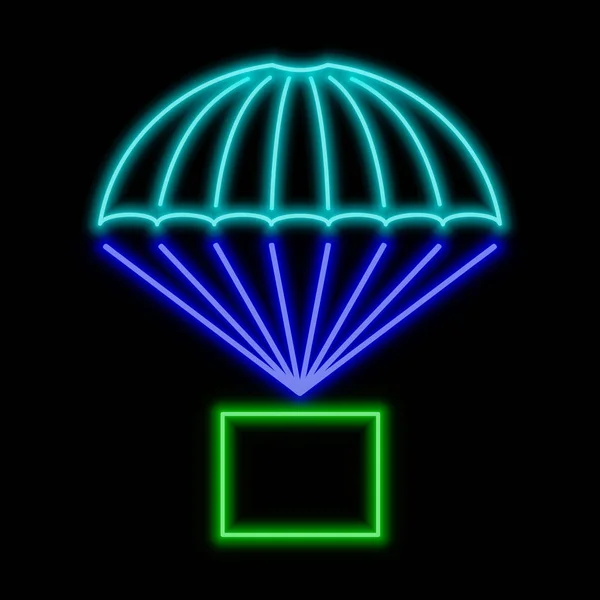 Perceel Vliegen Parachute Neon Teken Heldere Gloeiende Symbool Een Zwarte — Stockvector