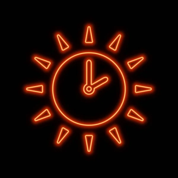 Sun Clock Arrows Neon Sign Bright Glowing Symbol Black Background — Stock Vector