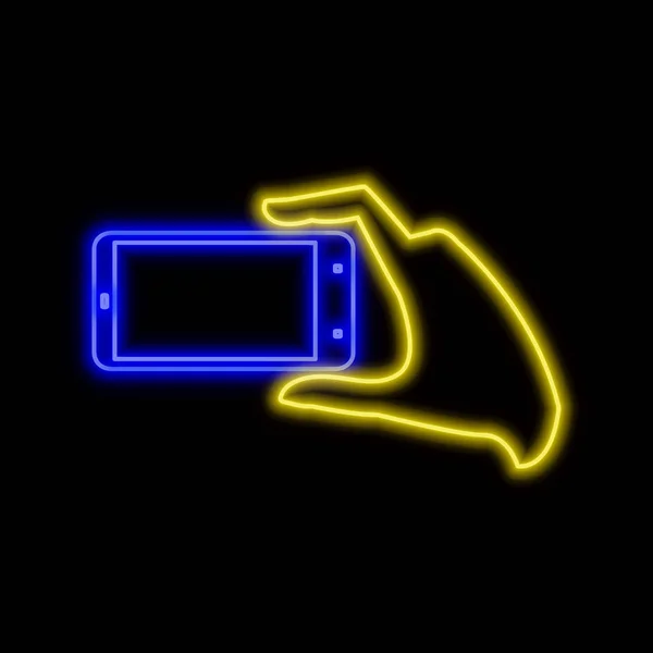 Mano Con Smartphone Fare Foto Neon Segno Luminoso Simbolo Luminoso — Vettoriale Stock