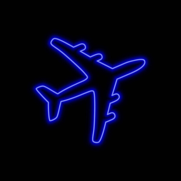 Airplane neon sign. Bright glowing symbol on a black background. Neon style icon. 