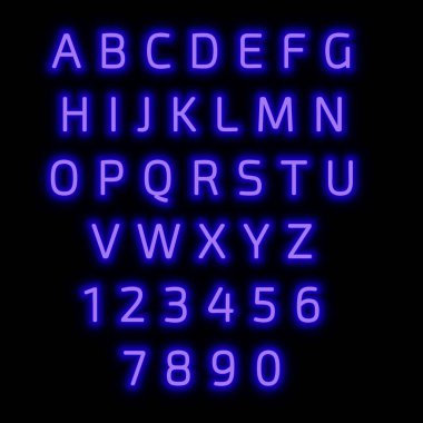 İngilizce alfabe ve numaralar. Neon tarzı. Mavi mektup. 
