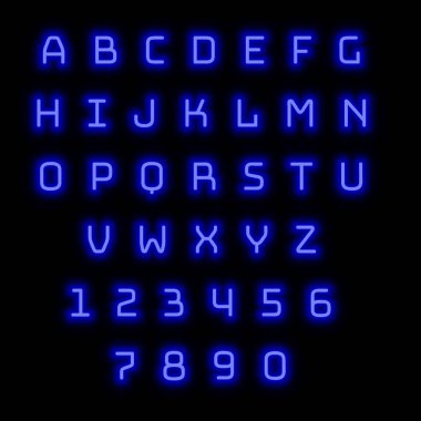 İngilizce alfabe ve numaralar. Neon tarzı. Mavi mektup. 