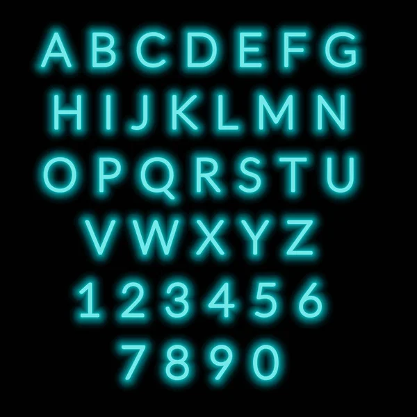 English Alphabet Numbers Neon Style Sea Green Letters — Stock Vector