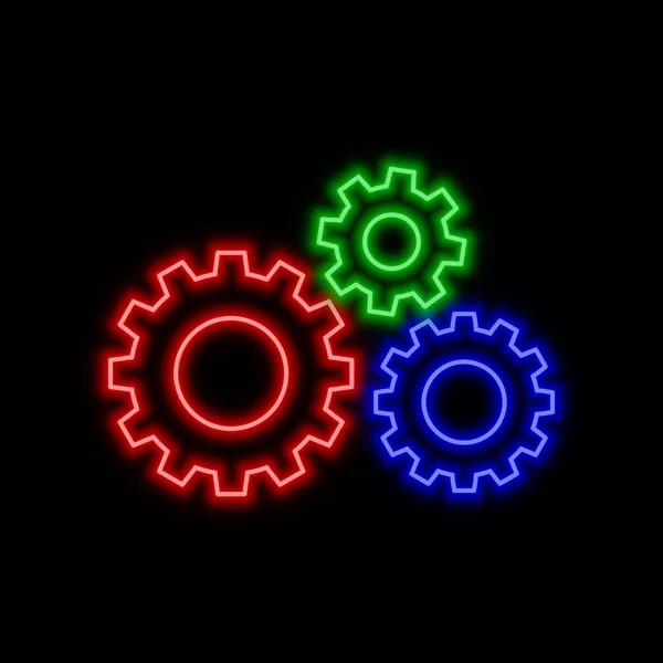 Freccia Cogwheel Segno Neon Luminoso Simbolo Luminoso Sfondo Nero Icona — Vettoriale Stock