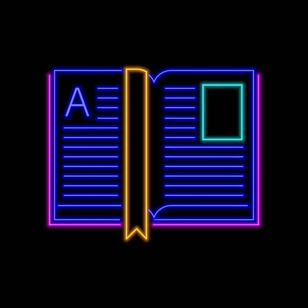 Open Book Neon Sign Bright Glowing Symbol Black Background Neon — Stock Vector