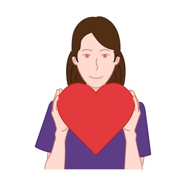 Kız holding büyük kırmızı kalp. Aşk kavramı. Elle çizilmiş stil doodle tasarlamak