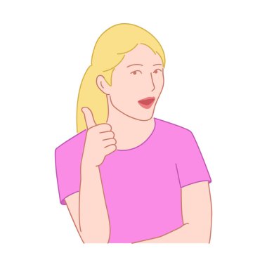 Başparmak gösterilmesini sürpriz sarışın kız. Jest kavramı gibi. Elle çizilmiş stil doodle tasarlamak