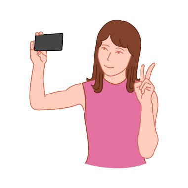 Kahverengi saçlı, gülümseyen, poz, smartphone bir selfie alarak kızı. Elle çizilmiş stil doodle tasarlamak