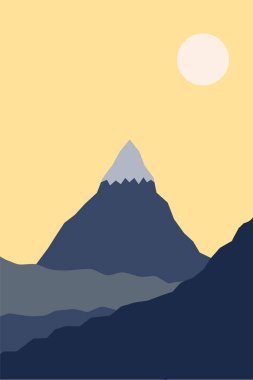 Dağ manzarası ve güneş. Oda dekorasyonu, duvar sanatı, trendy yazdırma