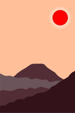 Dağ güneş manzara ve kırmızı. Oda dekorasyonu, duvar sanatı, trendy yazdırma