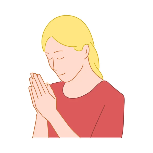 女孩祈祷 手掌折叠在一起 手绘风格涂鸦设计插图 — 图库矢量图片