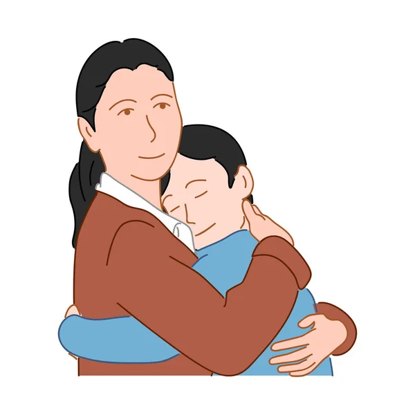 Mãe Filho Abraçam Feliz Conceito Família Desenhado Mão Estilo Doodle —  Vetores de Stock