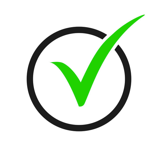 Green check mark icon in a black circle. 