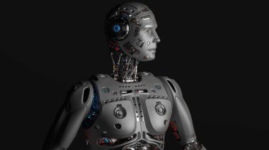 Upper body of a very detailed futuristic robot or humanoid cyborg. Isolated on black background. 3d render
