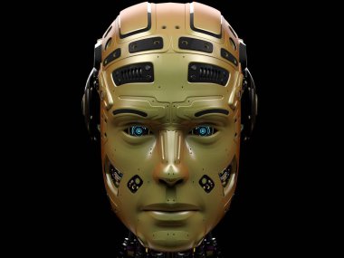 extremely detailed robot face or cyborg head. Front view isolated on black background. 3D render
