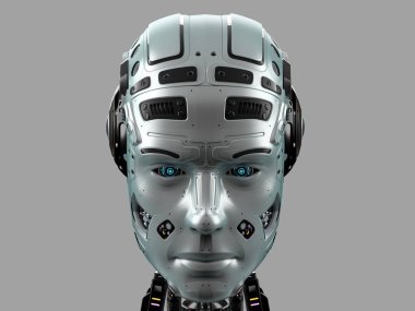 extremely detailed robot face or cyborg head. Front view isolated on grey background. 3D render